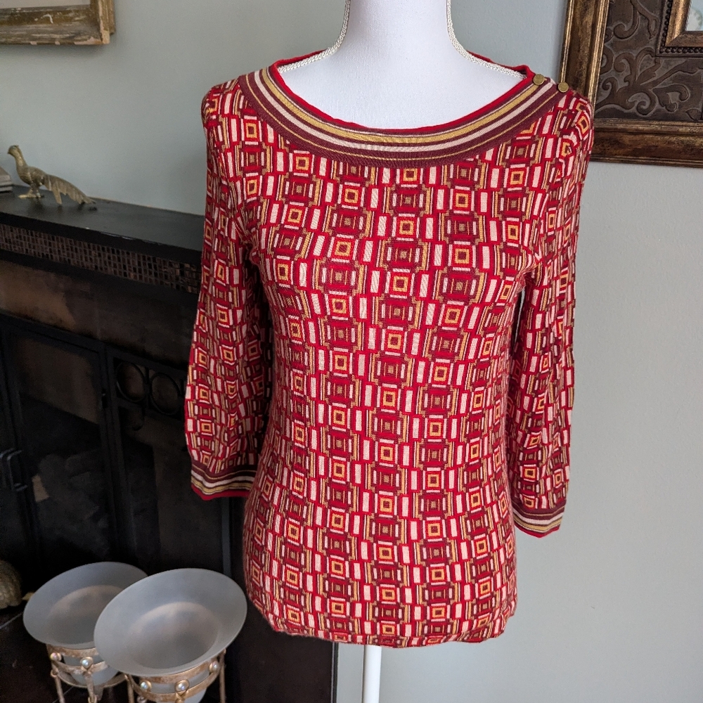 Ann Taylor Loft Womens Medium Red Geometric Light Wool Sweater Mod Y2K Retro 156